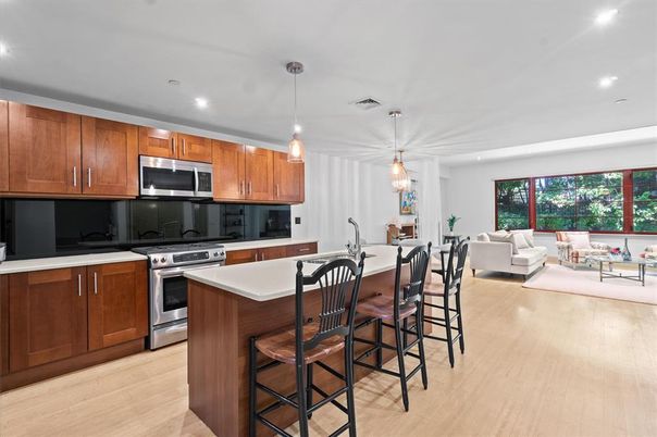 Interior, Kitchen, Living room, Pendant Lights, Recessed Lighting, Stainless Steel Appliances, Wood Texture Flooring