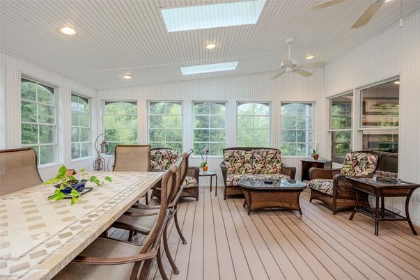 Dining room, Interior, Living room, Recessed Lighting, Sun Room, Wood Texture Flooring