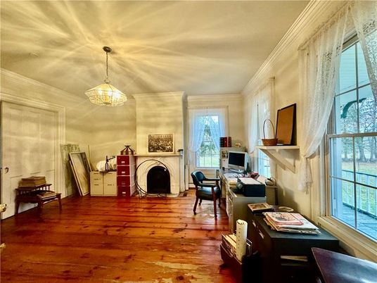 Fireplace, Home Office, Interior, Pendant Lights, Wood Texture Flooring