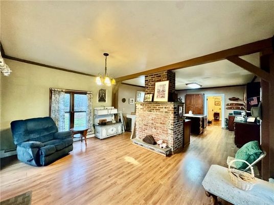 Fireplace, Interior, Pendant Lights, Stone Walls, Wood Texture Flooring