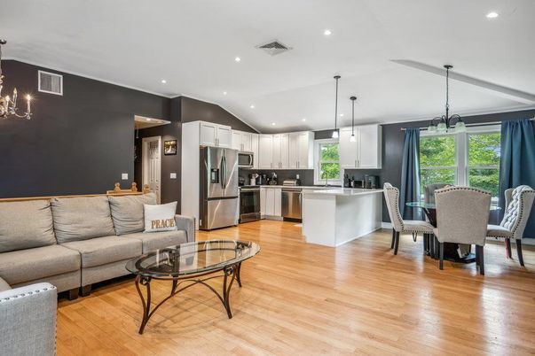 Dining room, Interior, Kitchen, Living room, Pendant Lights, Recessed Lighting, Stainless Steel Appliances, Wood Texture Flooring