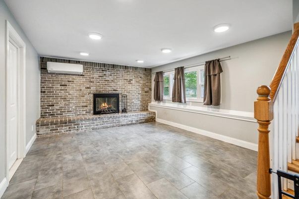 Fireplace, Interior, Recessed Lighting, Stone Walls