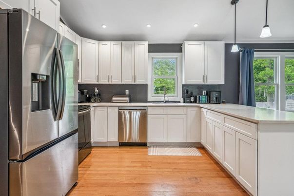 Interior, Kitchen, Pendant Lights, Recessed Lighting, Stainless Steel Appliances, Wood Texture Flooring