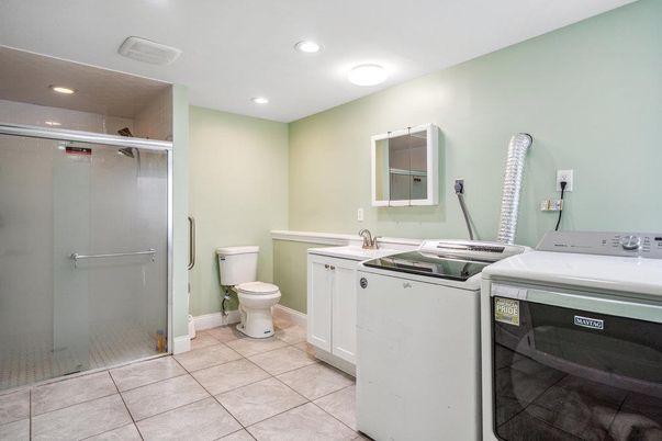 Bathroom, Glass Shower, Interior, Recessed Lighting, Washer