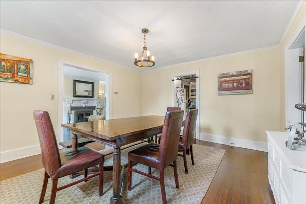 Dining room, Interior, Pendant Lights, Wood Texture Flooring
