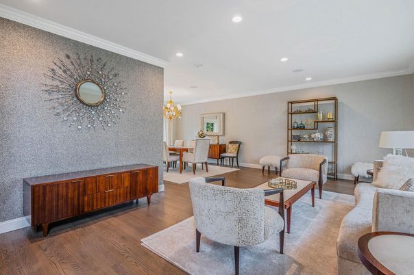 Chandelier, Dining room, Interior, Living room, Recessed Lighting, Wood Texture Flooring