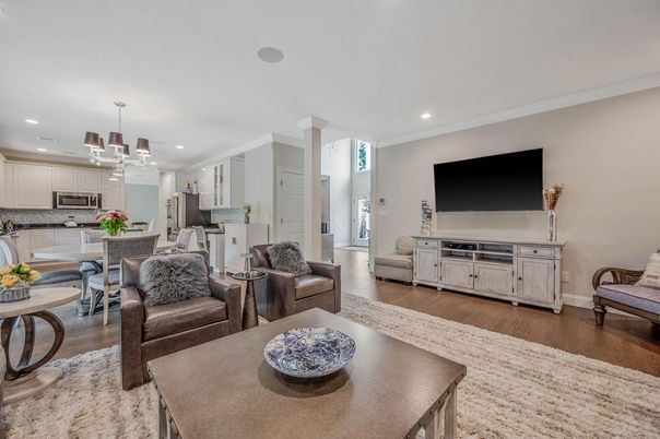 Dining room, Interior, Kitchen, Living room, Pendant Lights, Recessed Lighting, Stainless Steel Appliances, Wood Texture Flooring