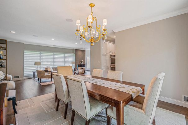 Chandelier, Dining room, Interior, Kitchen, Living room, Recessed Lighting, Wood Texture Flooring