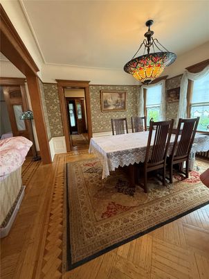 Dining room, Interior, Pendant Lights, Wood Texture Flooring