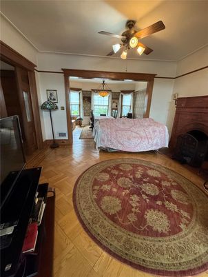 Bedroom, Fireplace, Interior, Wood Texture Flooring