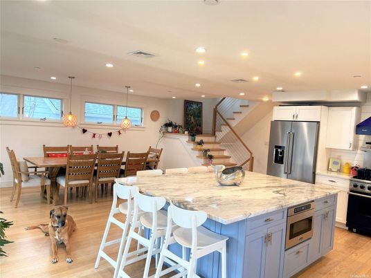 Dining room, Interior, Kitchen, Pendant Lights, Recessed Lighting, Stainless Steel Appliances, Wood Texture Flooring