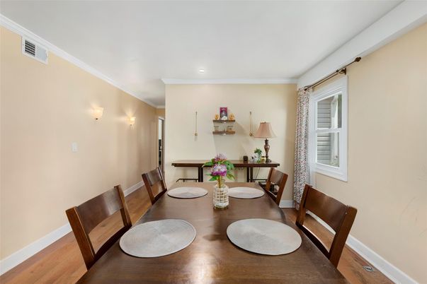 Dining room, Interior, Recessed Lighting, Wood Texture Flooring