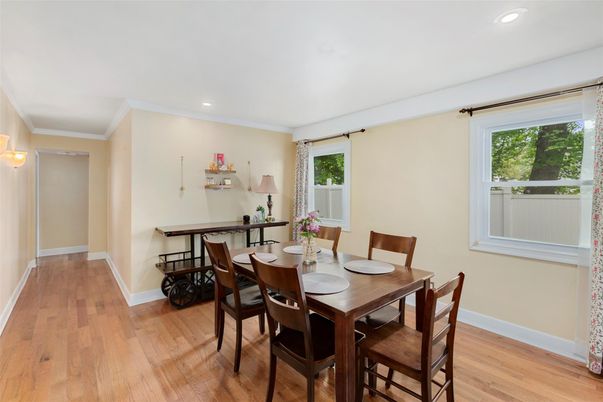 Dining room, Interior, Recessed Lighting, Wood Texture Flooring