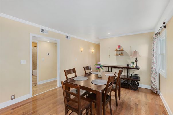 Dining room, Interior, Recessed Lighting, Wood Texture Flooring