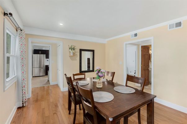 Dining room, Interior, Kitchen, Recessed Lighting, Stainless Steel Appliances, Wood Texture Flooring
