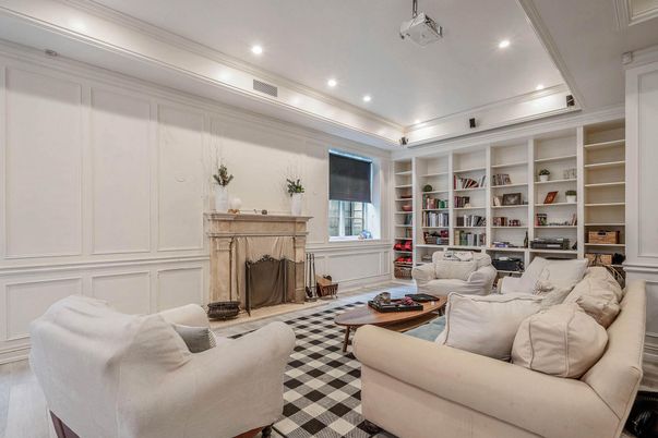 Fireplace, Interior, Living room, Recessed Lighting, Wood Texture Flooring