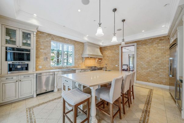 Interior, Kitchen, Pendant Lights, Recessed Lighting, Stainless Steel Appliances, Stone Walls