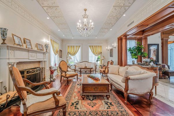Chandelier, Fireplace, Interior, Living room, Recessed Lighting, Wood Texture Flooring