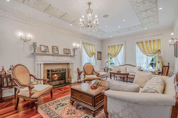 Chandelier, Fireplace, Interior, Living room, Recessed Lighting, Wood Texture Flooring