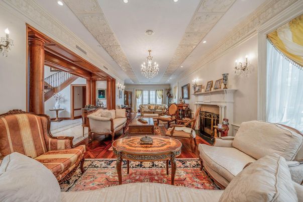 Chandelier, Fireplace, Interior, Living room, Recessed Lighting, Wood Texture Flooring
