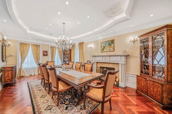 Chandelier, Dining room, Fireplace, Interior, Recessed Lighting, Wood Texture Flooring