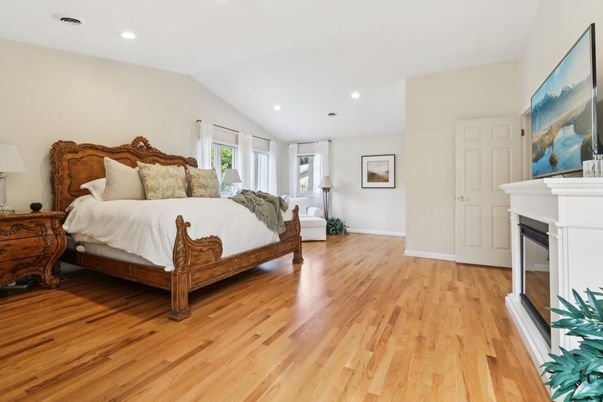 Bedroom, Fireplace, Interior, Recessed Lighting, Wood Texture Flooring
