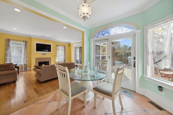 Dining room, Fireplace, Interior, Living room, Pendant Lights, Recessed Lighting, Wood Texture Flooring