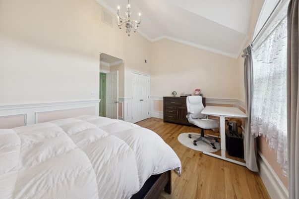 Bedroom, Chandelier, Home Office, Interior, Wood Texture Flooring