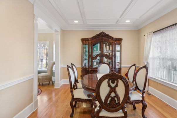 Dining room, Interior, Recessed Lighting, Wood Texture Flooring