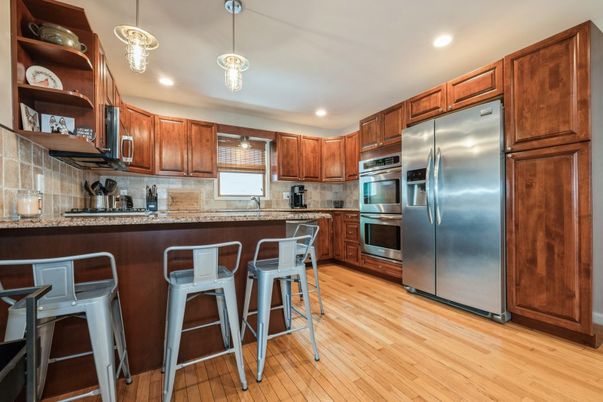 Interior, Kitchen, Pendant Lights, Recessed Lighting, Stainless Steel Appliances, Wood Texture Flooring