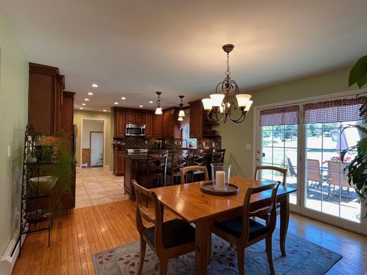 Chandelier, Dining room, Interior, Kitchen, Pendant Lights, Recessed Lighting, Wood Texture Flooring