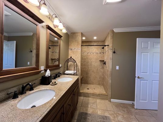 Bathroom, Dual Sink Vanities, Glass Shower, Interior, Recessed Lighting