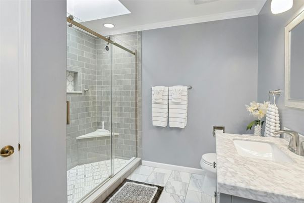 Bathroom, Glass Shower, Interior, Marble, Recessed Lighting