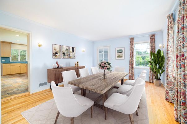 Dining room, Interior, Recessed Lighting, Wood Texture Flooring