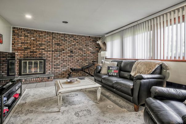 Fireplace, Interior, Living room, Recessed Lighting, Stone Walls
