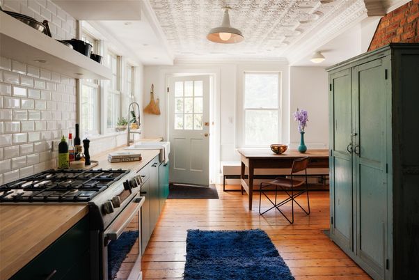 Interior, Kitchen, Recessed Lighting, Stainless Steel Appliances, Stone Walls, Wood Texture Flooring