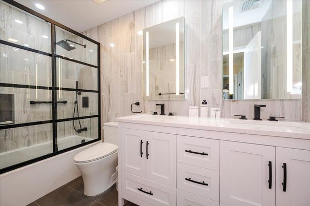 Bathroom, Dual Sink Vanities, Glass Shower, Interior, Recessed Lighting