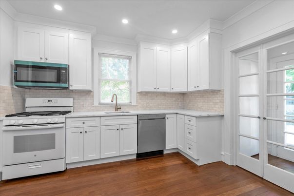 Interior, Kitchen, Recessed Lighting, Stainless Steel Appliances, Wood Texture Flooring