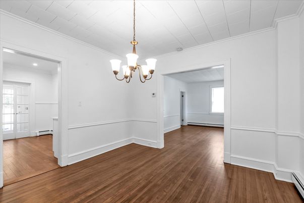 Chandelier, Empty room, Interior, Recessed Lighting, Wood Texture Flooring