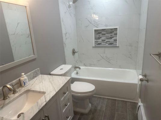 Bathroom, Interior, Marble Walls, Wood Texture Flooring