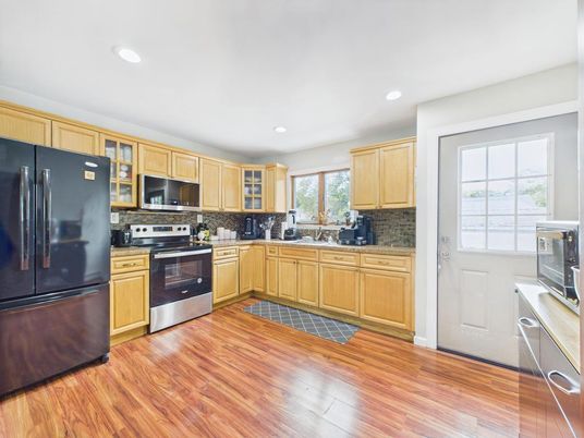 Interior, Kitchen, Recessed Lighting, Stainless Steel Appliances, Wood Texture Flooring