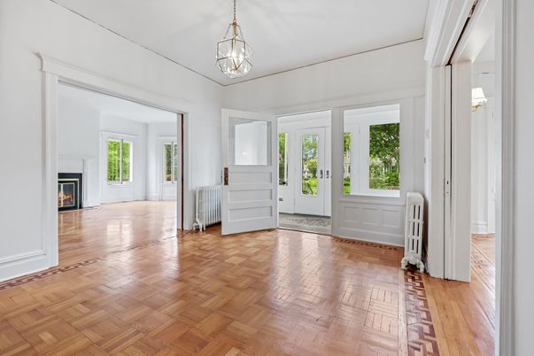 Empty room, Fireplace, Interior, Pendant Lights, Wood Texture Flooring