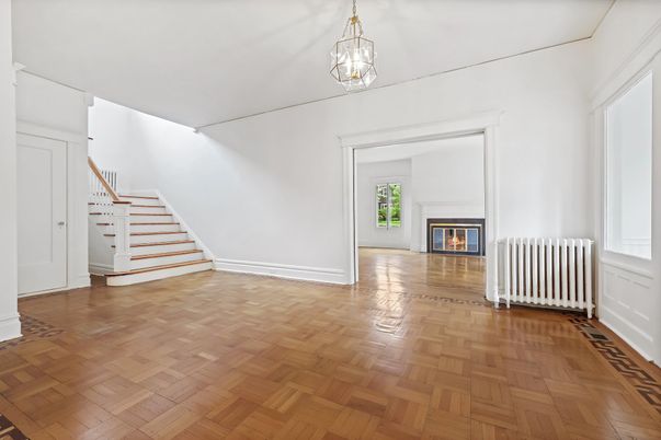 Empty room, Fireplace, Interior, Pendant Lights, Wood Texture Flooring