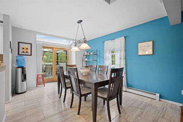Dining room, Interior, Pendant Lights, Wood Texture Flooring