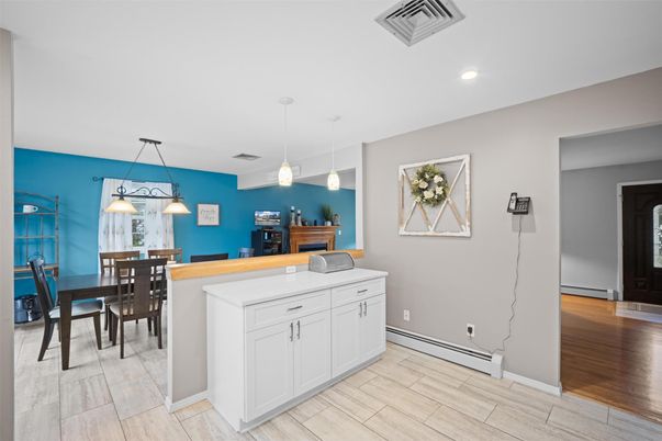 Dining room, Interior, Pendant Lights, Recessed Lighting, Wood Texture Flooring