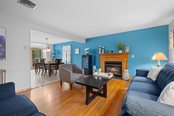 Dining room, Fireplace, Interior, Living room, Pendant Lights, Wood Texture Flooring