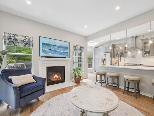 Fireplace, Interior, Kitchen, Pendant Lights, Recessed Lighting, Stainless Steel Appliances, Wood Texture Flooring