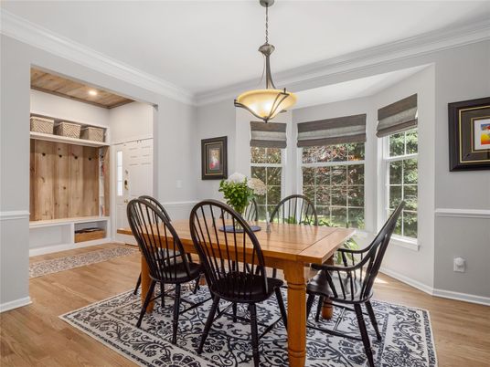 Dining room, Interior, Pendant Lights, Recessed Lighting, Wood Texture Flooring