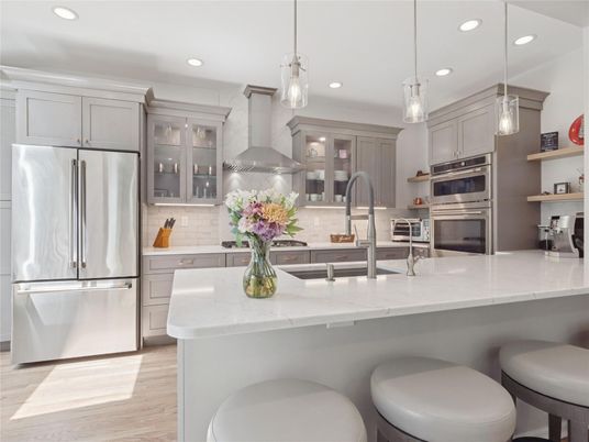 Interior, Kitchen, Pendant Lights, Recessed Lighting, Stainless Steel Appliances, Wood Texture Flooring