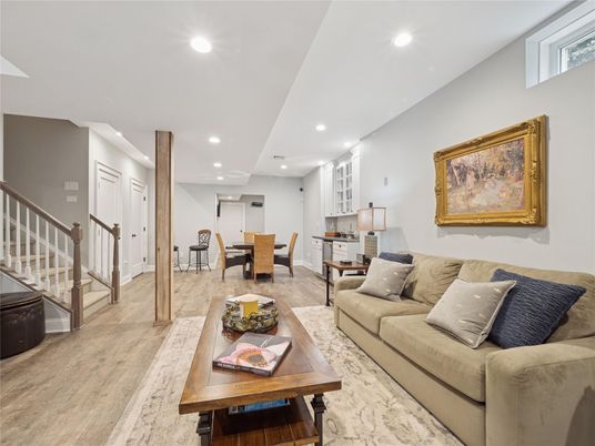 Dining room, Interior, Living room, Recessed Lighting, Wood Texture Flooring